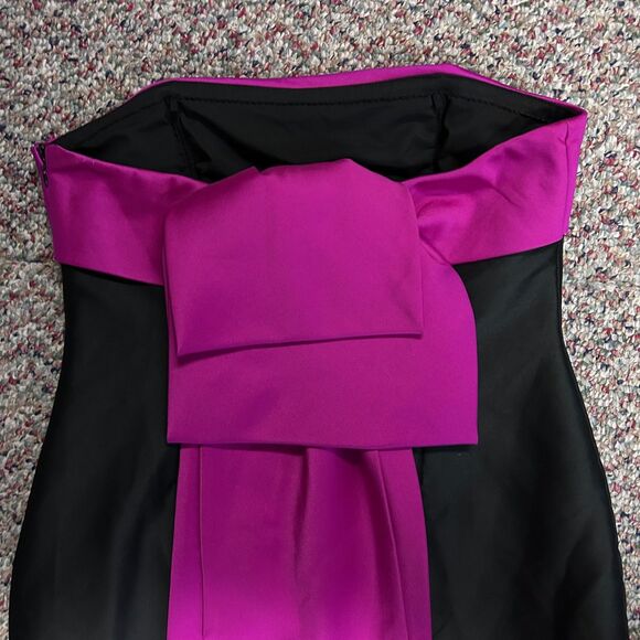 Badgley Mischka Black Strapless Orchid Pink Ribbon Detail Long Column Dress 14 - Picture 9 of 15